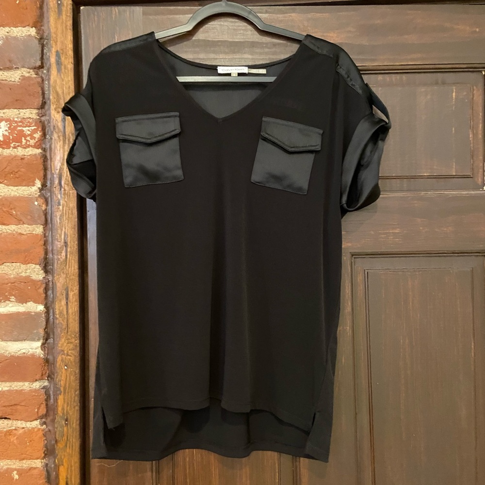 Calvin Klein Black V-Neck Blouse with Pocket Details